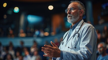 Mature doctor giving a speech on a stage at a conference in front of an audience 