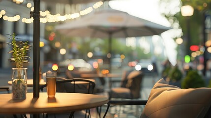 An empty table sits at an outdoor cafe, with a glass of beer on the table and a plant in a vase. The cafe is decorated with string lights and there are other tables in the background.