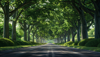 Obraz premium A serene tree-lined road with lush green foliage creating a natural canopy