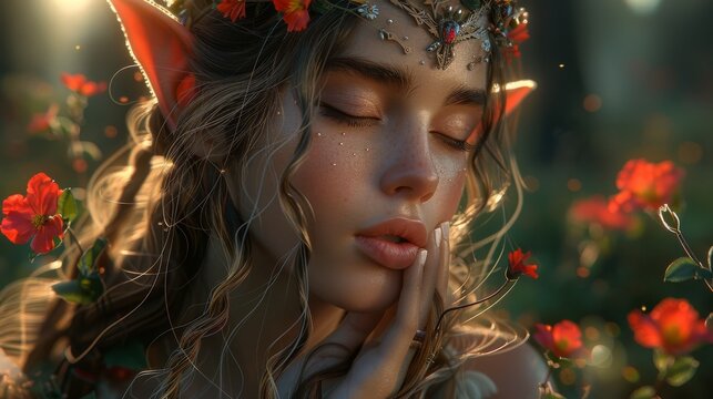Beautiful fantasy elf posing with eyes closed in magical forest