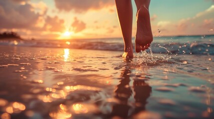 Low angle view of bare feet of a female walking on sandy beach at sunset
