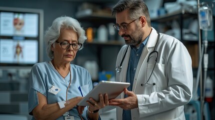 doctor and patient, doctor using a digital tablet during a consultation with a senior woman in the hospital, photo