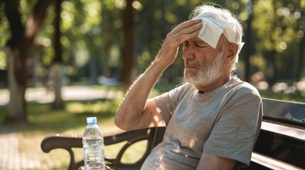 A senior male feel uncomfortable due to overheat in summer