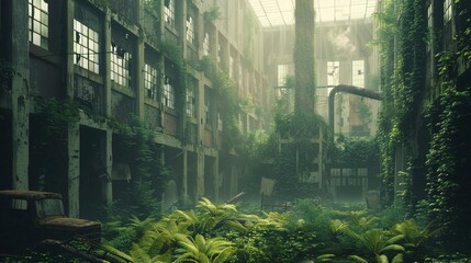 Abandoned factory plant debris with green plants growing. Post apocalypse scene.