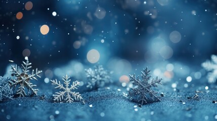 Magical background for festive moments: blue background with Christmas decorations and playful snowflakes, filling the space with festive mood