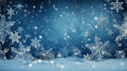 Magical background for festive moments: blue background with Christmas decorations and playful snowflakes, filling the space with festive mood