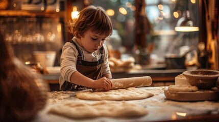 A young child wearing an apron is learning to bake in the kitchen. They are rolling out dough on a floured countertop with a rolling pin.