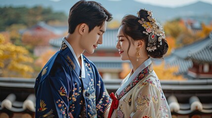 Bride and groom in traditional Korean attire gazing at each other. Korean wedding, photo