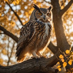Fototapeta premium Majestic Owl Perched on Autumn Oak Tree at Golden Hour