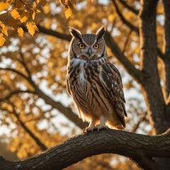 Fototapeta premium Majestic Owl Perched on Autumn Oak Tree at Golden Hour