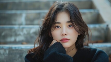 Obraz premium Korean woman hard thinking, leaning on stair, beautiful face, photo