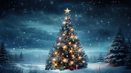 Obraz premium realistic christmas tree tallest tree in the forest with colored lights and christmas gifts 