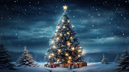 realistic christmas tree tallest tree in the forest with colored lights and christmas gifts 