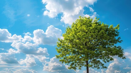 Obraz premium Tree a verdant canopy against a backdrop of blue sky and clouds