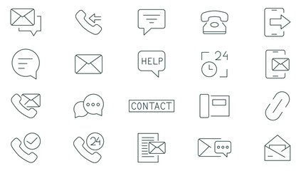 Contact us line icons collection. Contact & communication, chat, support, message, phone, globe, chat, call, info, customer service, Call us outline icon set. Thin outline icons pack.