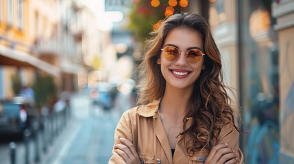 happy confident positive female entrepreneur standing outdoor on street arms crossed, white teeth, big red lips