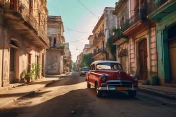 Fototapeta premium Classic car driving down a narrow street in havana, cuba during golden hour