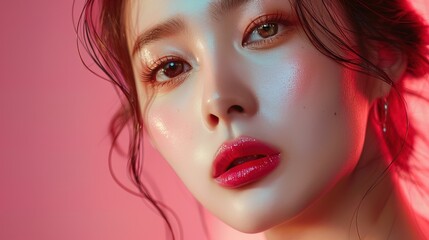 Fototapeta premium Portrait of a korean woman with lipstick and flawless skin on a pink background, photo