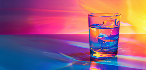 A glass of water with ice cubes sits on a reflective surface, illuminated by vivid, colorful lighting in shades of pink, blue, and orange, creating a vibrant and artistic visual effect.