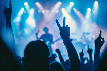 Scena di un concerto di una band di musica rock, folla sotto palco con le braccia e le mani alzate
