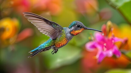 Fototapeta premium Fiery-Throated Hummingbird in Flight with Vibrant Flowers in the Background