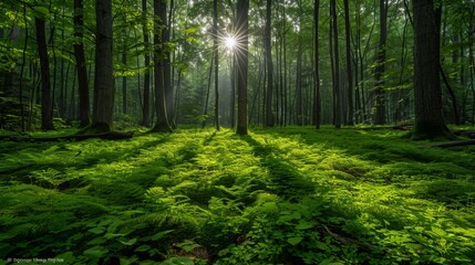 Obraz premium Serene Forest with Sunlight Filtering Through Trees and Green Ferns