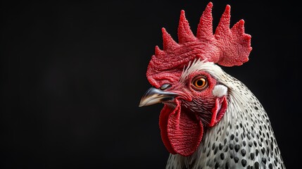 Close-Up of a Rooster with White Feathers and Red Comb on Black Background