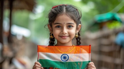 Young Indian Girl Holding National Flag with Pride and Smile