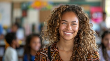 Young Biracial Teacher Smiling and Teaching in a Science Class