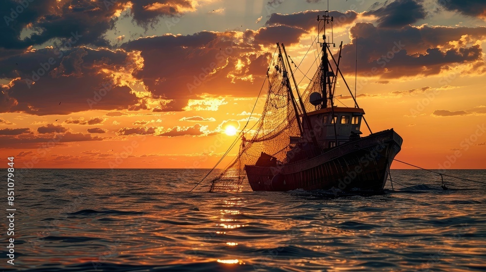 Wall mural fishing ship with net on sea at sunset - Wall murals