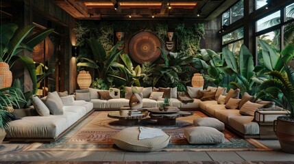 luxurious living room with a jungle theme with exotic plants interior design