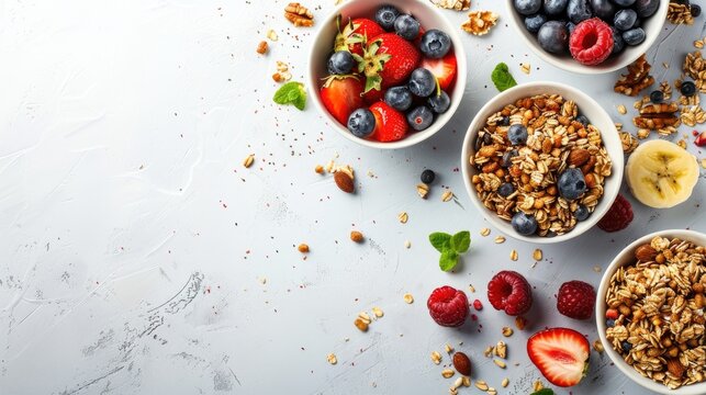 Top down view of vegetarian breakfast with granola and fruits on white background