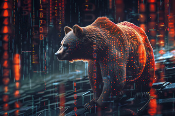 A healthy bear set against the background of a Bitcoin coin with binary code