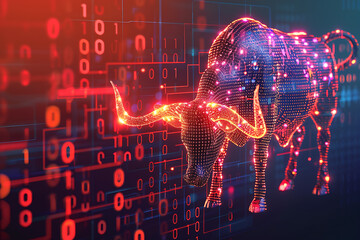  illustration of a healthy bull set against the backdrop of a Bitcoin coin with binary code in the background