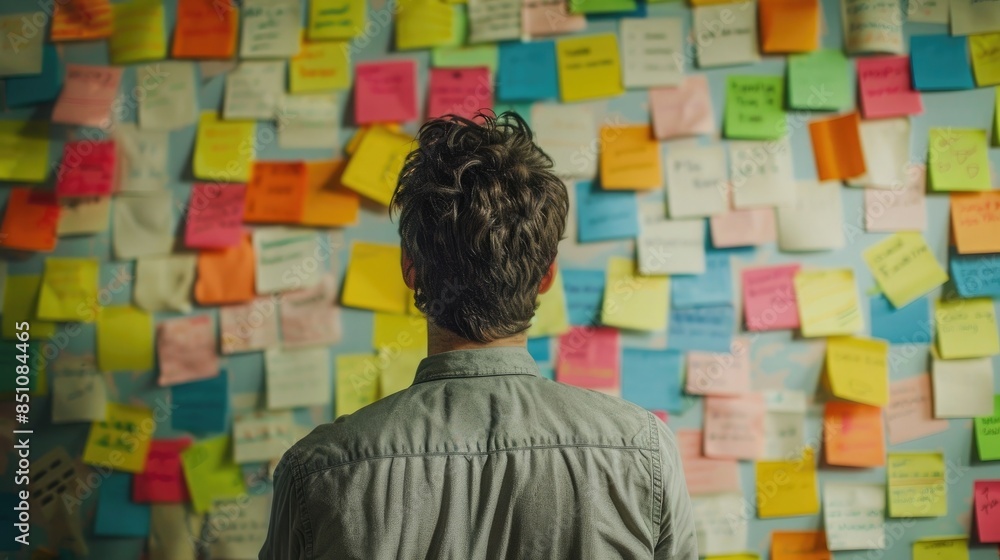 Wall mural Man looking at post it notes, idea sticky note on wall. Business planning and Brainstorming thinking sticky Startup business concept. - Wall murals