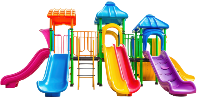 Colorful Playground Equipment with Slides and Climbing Structures