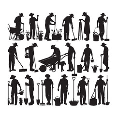 Vector silhouette of a gardener on white background.