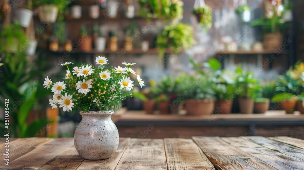 Poster A vase filled with daisies sits on a wooden table in front of a blurred background of plants in pots. The table and vase are in focus, while the background is out of focus.