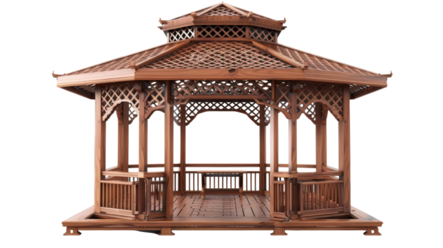 Large Wooden Gazebo with Intricate Lattice Work