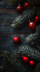 Christmas decoration on dark wooden background with fir tree branches and red baubles