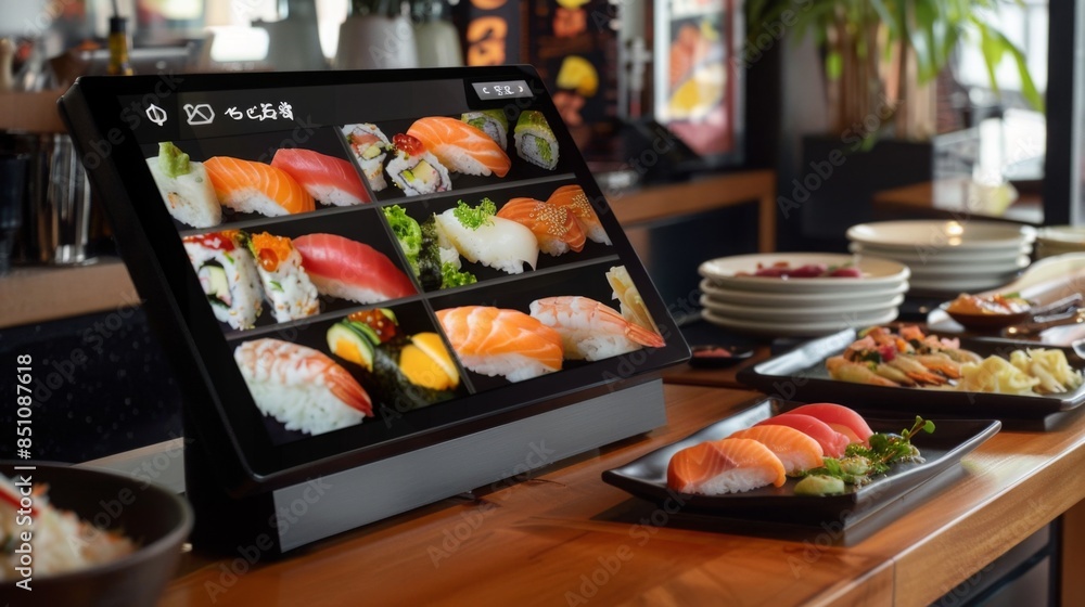 Poster a digital display screen showing a variety of sushi rolls and nigiri. the display is set up on a tab