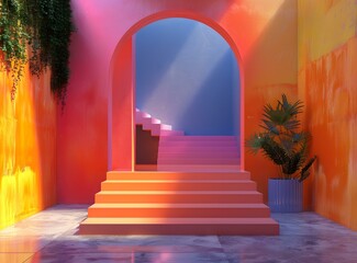 Fototapeta premium Pink and blue minimal surreal space with stairs and arch