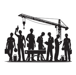 Construction workers wearing uniforms and standing silhouette bundles. Men bricklayers with anonymous faces. Male Mason silhouette on a white background. Male bricklayer silhouette collection.