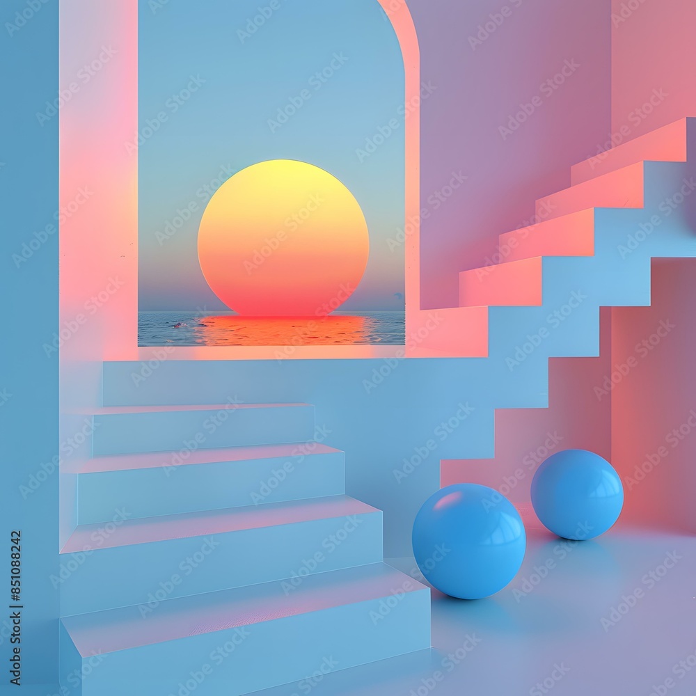 Canvas Prints 3D rendering of a surreal sunset over the ocean with stairs leading up to a doorway