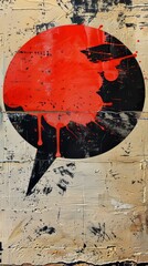 Red and black paint splashing creating abstract speech bubble on grunge background