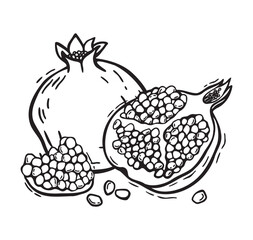 Whole pomegranate and halves. Vector botanical black and white illustration, hand drawn on isolated background in linocut style. Drawing for design of packaging of food products, cosmetics, recipes.