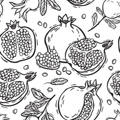 Whole pomegranate fruits, pomegranate halves with seeds and leaves. Vector seamless pattern in linocut style. Suitable for use in textile design, wallpaper, kitchen decor and wrapping paper, packaging