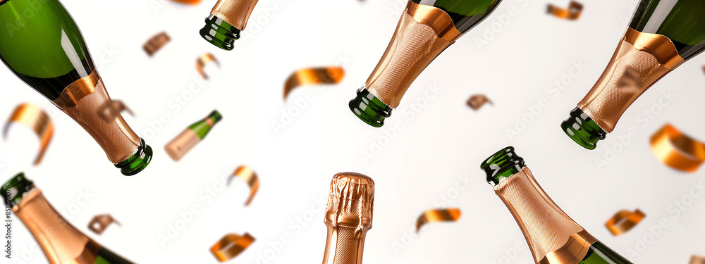 Wall mural Illustration of floating champagne bottles on white background with confetti and glitter, celebration, celebrate a holiday, party