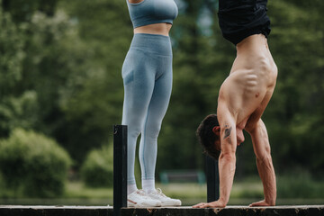 Two athletic individuals performing a handstand exercise outdoors, symbolizing fitness, strength,...