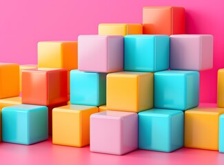 Obraz premium Colorful 3D cubes stacked together on a pink background